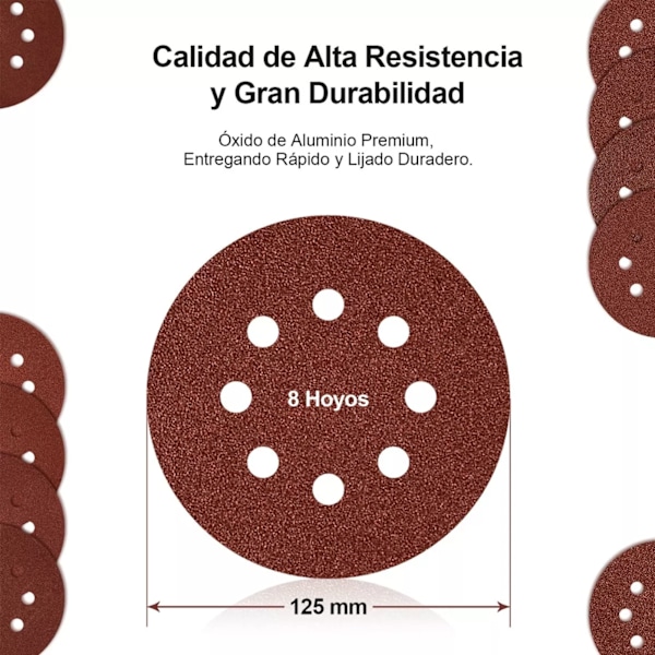 100 stk. 5 tommer 8 huller slibeskiver 60 80 100 120 150 korn runde sandpapir til polering og rengøring