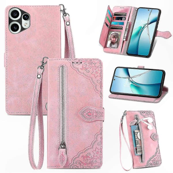 【BQ】Magnetisk kortholderpung med håndledsrem til Nothing CMF Phone 2 Pro Pink