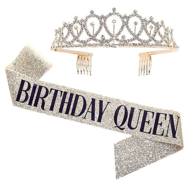 Kvinder Pige Tillykke med fødselsdagen Tilbehør Skulder Sash Crystal Crown Party Pandebånd Sæt One Size Gold QUEEN