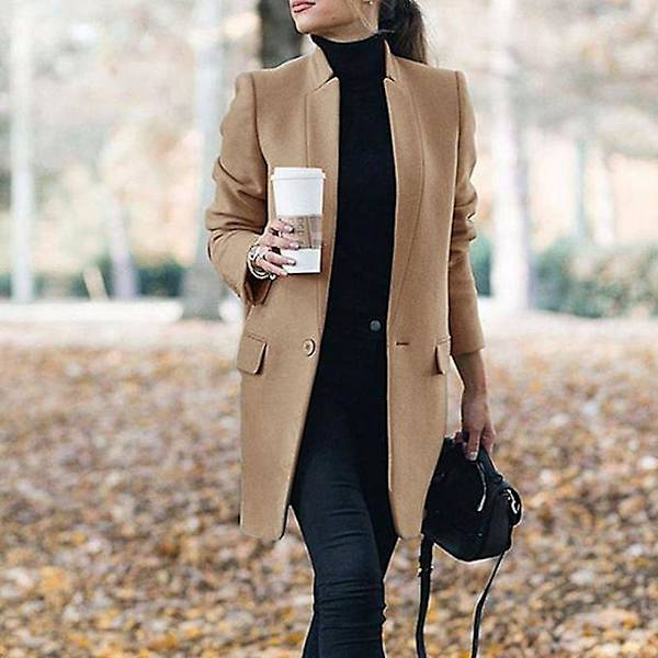 Kvinder Trench Long Coat 2021 Vinter Forår Revers Langærmede Frakker Kontor Dame Solid Slank Overfrakke Overtøj S