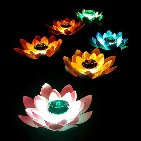 Flytende Lotus Light, Solar Powered Led Water Lily Flowers Kunstig Flower Night Lamp, White Purple