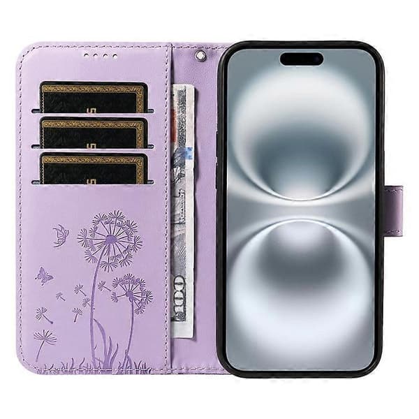 Kompatibelt Læderetui Pungcover med Mælkebøtteprint til iPhone 16 Purple