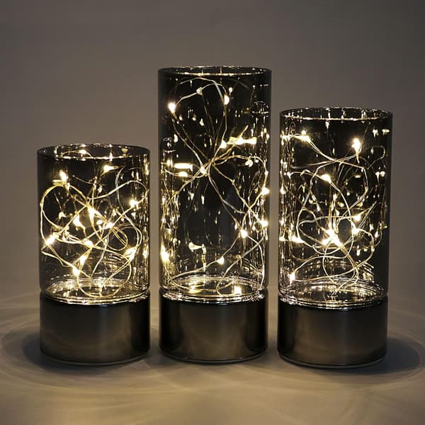 Rhytsing 3 LED-lamper batteridrevne med timer, dekorative grå glaslanterner med indbyggede lyskæder varmt hvidt lys grey