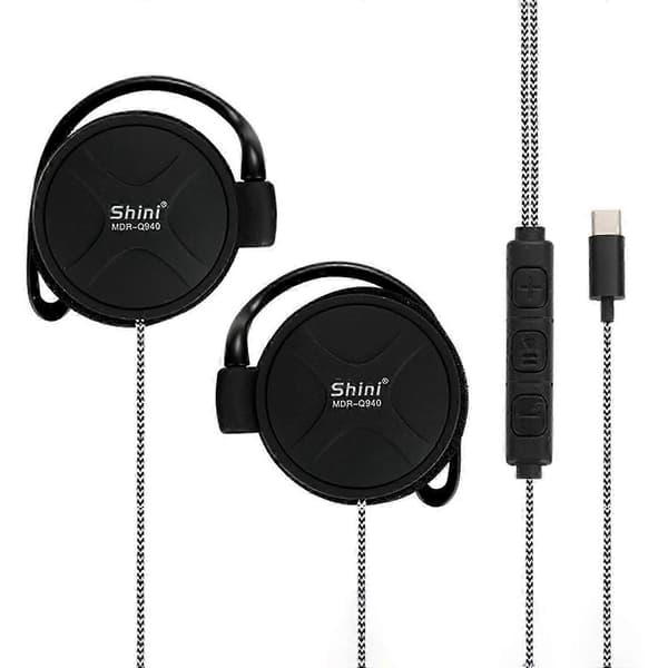 【BQ】Wired Headphones Ear Hook Noise Cancelling Microphone HiFi Sound Line Control Volume Adjustable Type-C Black