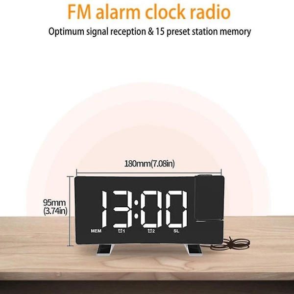 Projektionsväckarklocka, radio digital klocka för tunga sovplatser black white