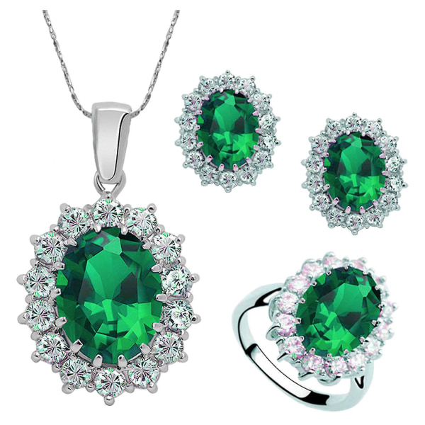 Fashion Style Smycken Set Crystal Ring Örhängen Halsband Kvinnor Bröllop Smycken Green