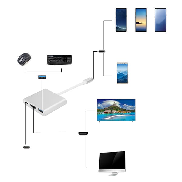 Type C til HDMI-adapter 3 i 1 Bærbar Multifunksjonell Metallskall Sølv