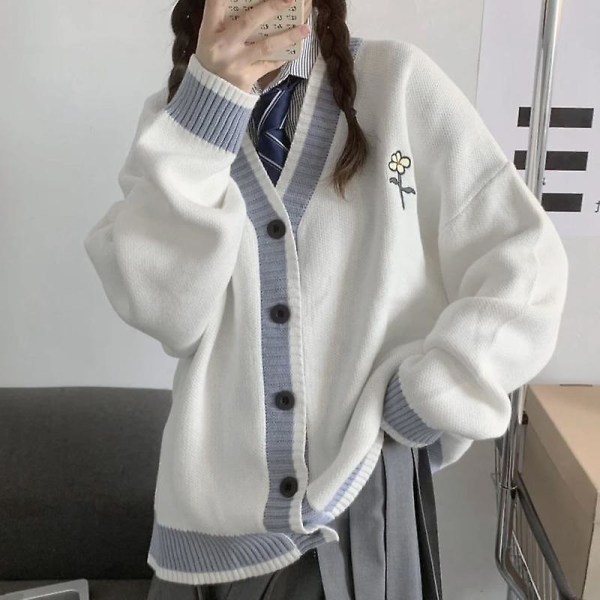 Deeptown Kawaii White Oversize Sweater Cardigan Dam Korean Style Harajuku Preppy Fashion V-ringad Jumper Pullover Dam Toppar L