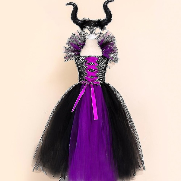 Den nya Barn Black Devil Costume Flickor Fancy Kostym För Klänning Med Fjädersjal Royal Maleficent Klänning Halloween Svartlila V1_s Hög kvalitet 10-12 Years