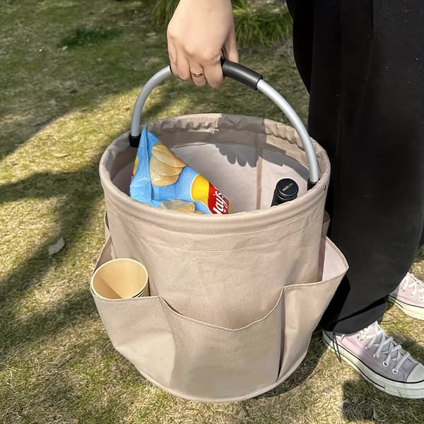 【BQ】Foldable Lightweight Storage Basket Open Top Multifunctional Bucket with Handle for Picnic Beach Laundry Apricot Gray