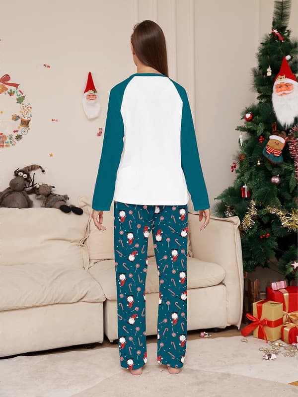 【BQ】Julparpyjamas set Tomte \"Xmas\" tryck Raglanärm Blågrön Vit Nattkläder SD-589-Dad M