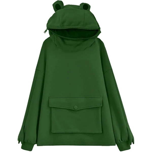 Søt frosk hettegenser for kvinner/jenter med glidelås munnhettegenser med stor frontlomme Olive Green Medium