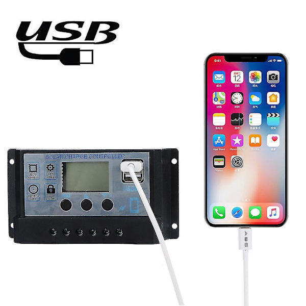 Solpanel Regulator Charge Controller Usb 30a 12v-24v med dobbelt usb oplader Silver