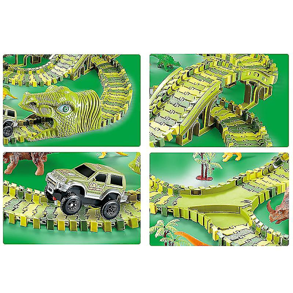 Hhcx Dinosaur Race Track Set Rail Car Less Assembly Bend Flex Racing Track Led Elektroninen Flash Light Autolelut lapsille 240pcs set