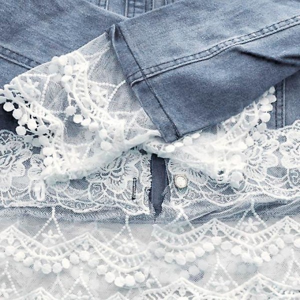 A4 Mode Kvinnor Casual Spets Halvärmad jeansjacka Lång Jean Coat Bead Ytterkläder Överrock S
