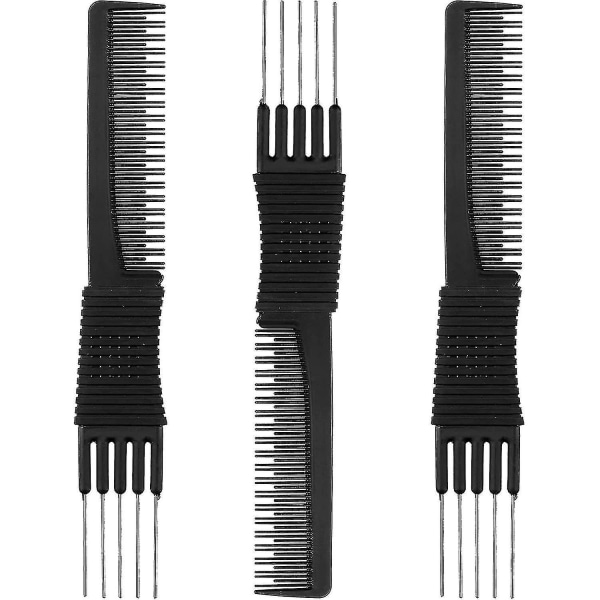 3-pack kollyftskammar med metallspets, salongsretande ryggkammar kolkam med lyft i rostfritt stål (svart)