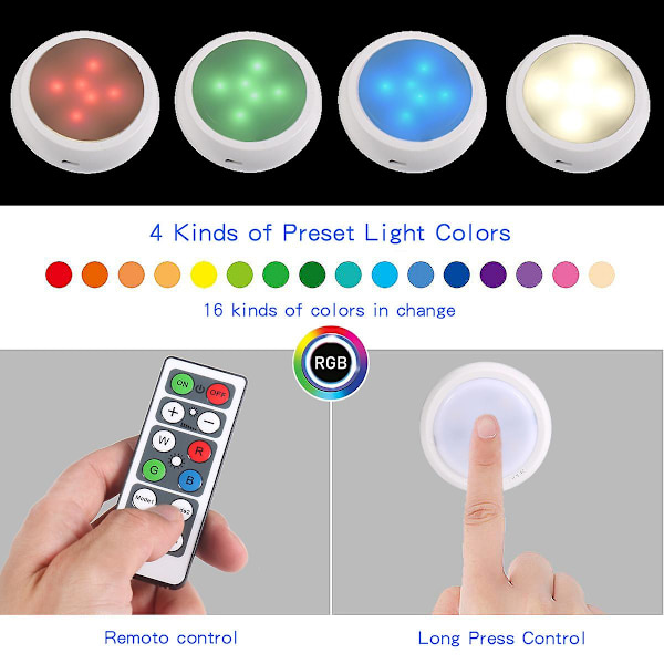 6 st Rgb uppladdningsbara LED-skåplampor med 2 fjärrkontrollbelysningar, underskåp, 16 färger