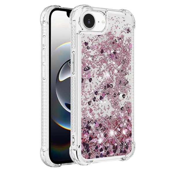 【BQ】Deksel Kompatibelt med iPhone 16e TPU Deksel Glitter Kvicksand Støtsikkert Telefondeksel - Rosegull / Hjerter-Perfet