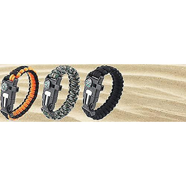 Survival Paracord Rannekoru; 5 in 1 Survival Kit. Laskuvarjo, piikivipilli, kompassi, kaavin/pullonavaaja. Retkeilyyn, retkeilyyn