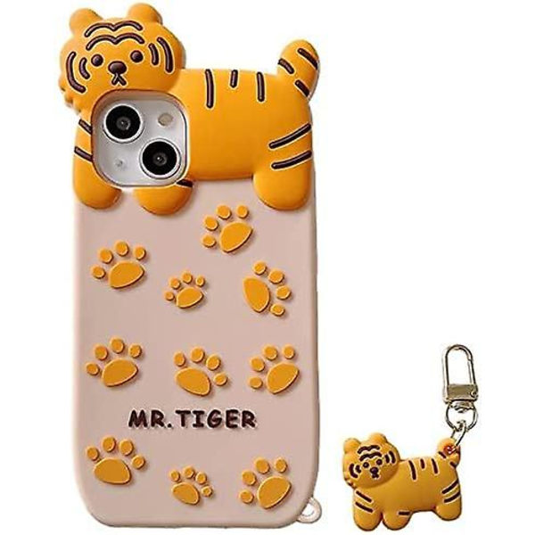 Ultratjockt och mjukt silikonskydd, lämpligt för Apple 3d Cartoon Color Söt, roligt och söt (tiger med berlock, lämplig för Iphone 13 Pro Max)