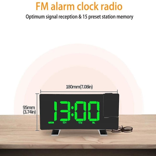 Projisert vekkerklokke, radio digital klokke med usb-lader, 0-100 % lysstyrkedimmer med full rekkevidde, dobbel vekkerklokke for tung sovende, slumre