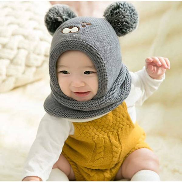 Baby slouchy-hattu Lämmin Söpö Karhu Talvihattu Huivi Hattu Neulottu Hattu Bobble Fleece Vuoratulla Pipo Hattu Grey
