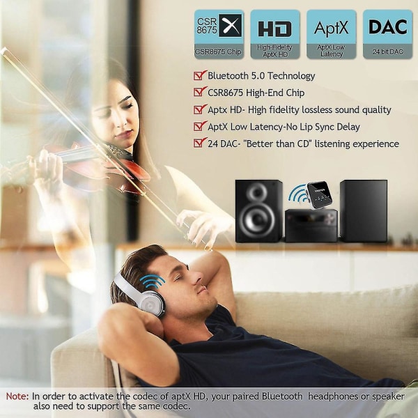 Bluetooth 5.0-mottagare och sändare Aptx Hd Ll handsfreesamtal 3,5 A med RCA-kabel With RCA Cable