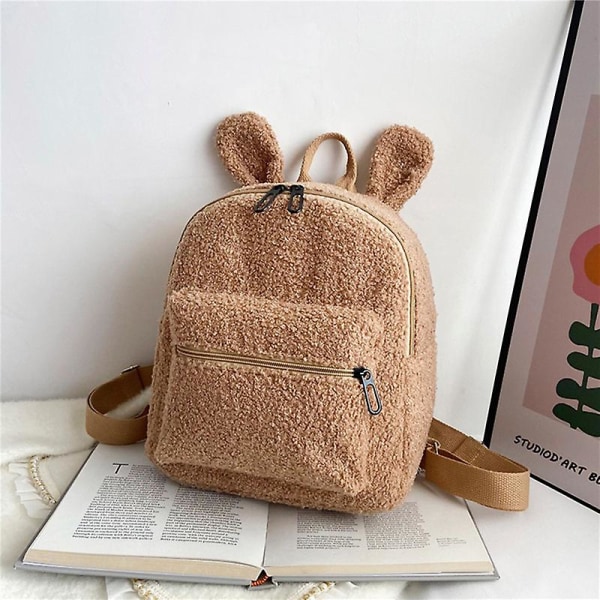 Fuzzy Rabbit Ryggsekk Fluffy Plush School Ensfarget søt veske med kaninører Glidelåsåpne plysj skulderveske for kvinner jenter camel