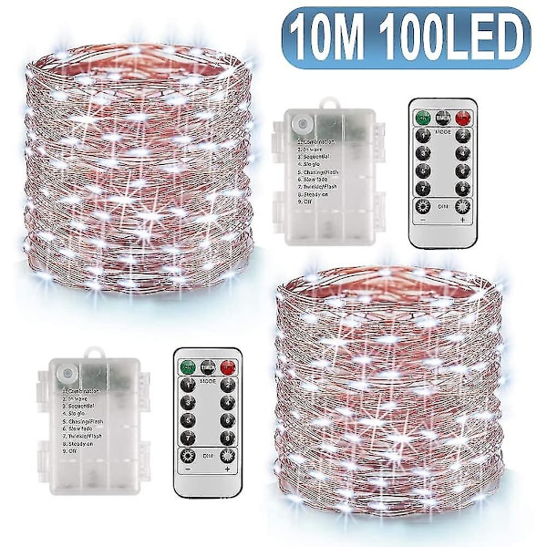 100 lysdioder 10 m strängljus timerfunktion med fjärrkontroll Ip65 vattentät inomhus - kall vit (2 st)