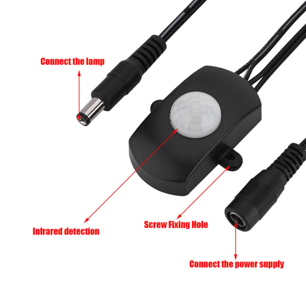 Mini PIR Infrarød Bevægelsessensor Detektorbryder til LED Strip - Sort, 6-24V, 5A