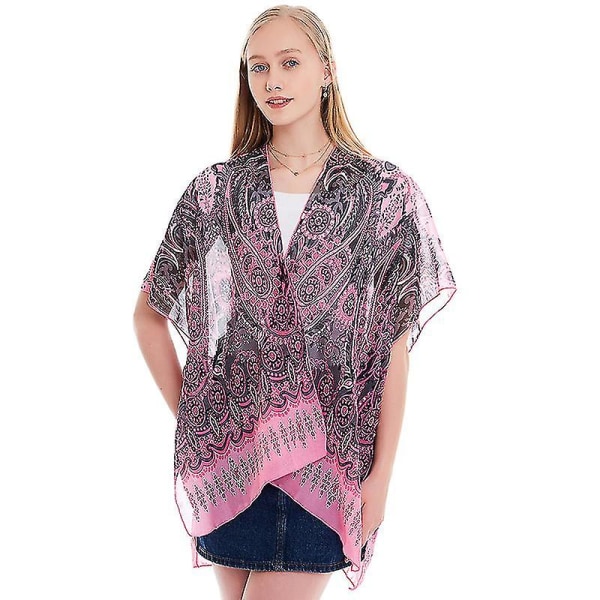 Kvinder Boho Chiffion tørklæde tørklæder Soft Wrap Sjal Stole Kortærmet Bluse Top Rose Red