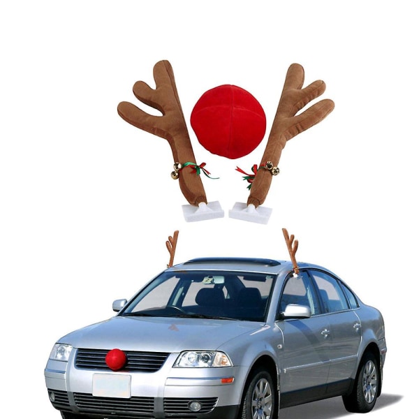 Christmas Reindeer Antlers Car Decoration Kit, Plys Rudolf Reindeer og rød næse med jingle Bells, bedste julegavevalg (grå)