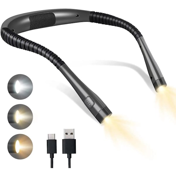 Rechargeable Neck Reading Lamp, Bed Reading Lamp, 3 Colors, 6 Brightness Levels, Foldable Arms, Long Lasting, Perfect for Reading, Knitting, Repairing