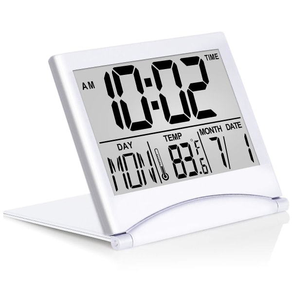 Silent LCD Digital Storskjerm Reise Sammenleggbar Elektronisk Alarmklokke Med Temperatur Dato Tid Kalender White