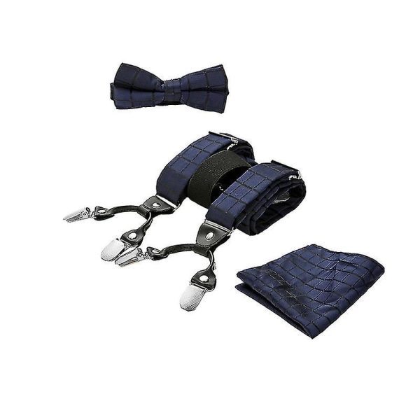 Paisley hängslen, fluga, fyrkantig set för smoking hängslen för män: justerbara hängslen, starka förstärkta klämmor Dark Blue