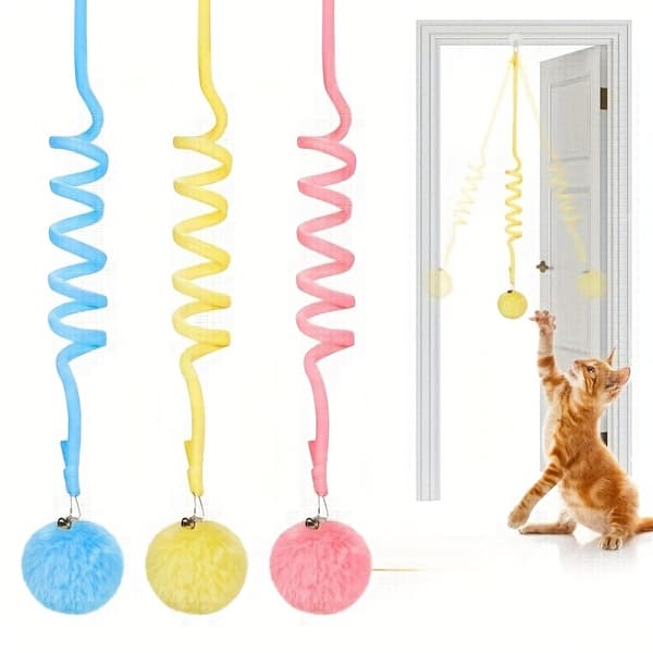 【BQ】3-pack infällbara kattleksaker med klockor, elastiska snören, fluffiga bollar, interaktiv lek, inomhusträning 3pcs