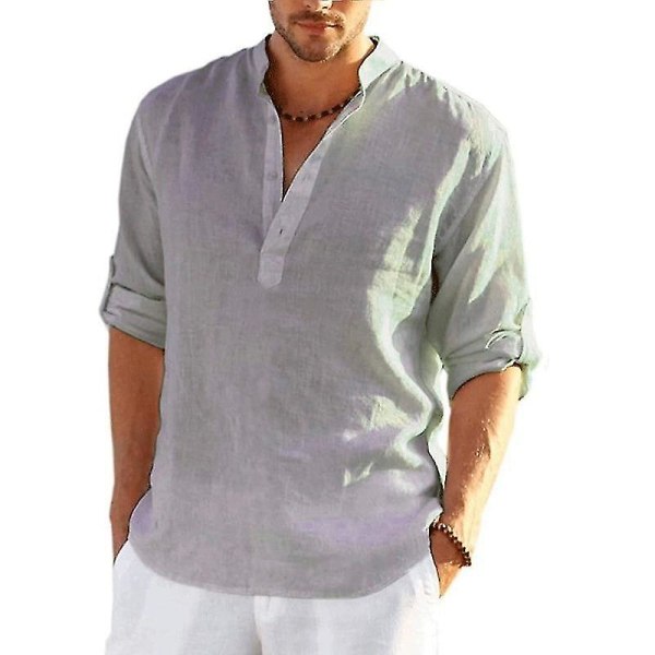 Miesten pitkähihainen pellavapaita, puuvillaa ja pellavaa casual paita, S-5xl toppi, upouusi ilmainen toimitus Grey 4XL