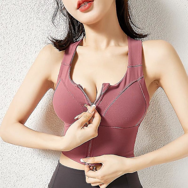 Sport-BH Dam Front Zipper BH Trådlös Stötsäker Yoga BH Löpar BH Pink S