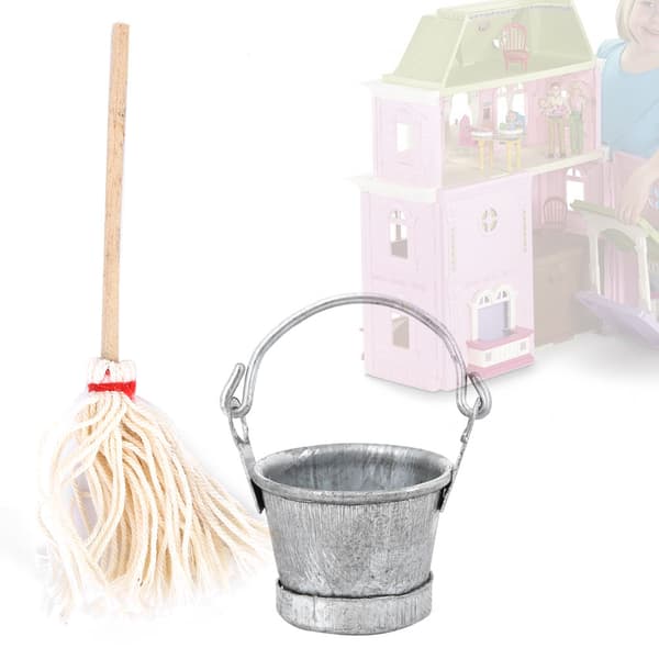 1 12 Miniatyr Dockhus Mopp Hink Set Städleksak Tillbehör Möbler