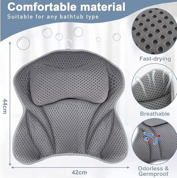 【BQ】Bath Pillow 4D Luxury Bath Spa Pillow Neck and Back Support, Bathtub Headrest Non-Slip with 6 Suction Cups