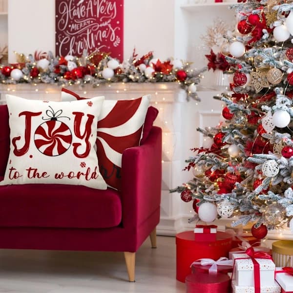 Julkuddar, 45 x 45 cm Set med 4 Röda Godis Jul Kuddfodral Jul Vinter Kvadratiska Kuddfodral