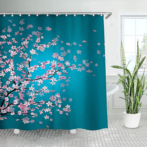 Cherry Blossom Shower Curtain, Floral Teal Fabric Sakura Plum Blossom Bath Curtains With 12 Hooks Ba