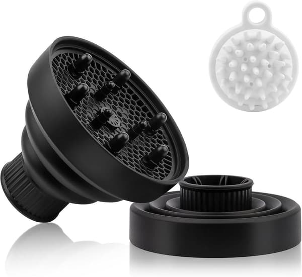[BQ]Hår Diffuser - Krøllet & Bølget Hårstyling - Med Hovedbund Massagebørste - Universal Pasform (3.5 cm) - Sort