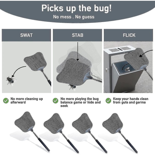4-pack Of Fly Swatters, Retractable Fly Swatter. With Stainless Steel Handle, Travel And Home