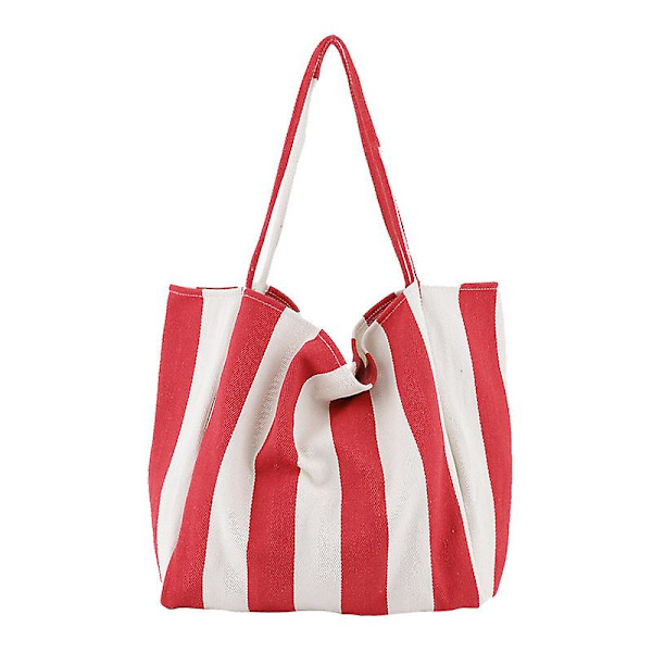 Lerrets tøyveske Dame Jenter Stor gjenbrukbar bæreskulderveske med innerlomme Wide Striped Red