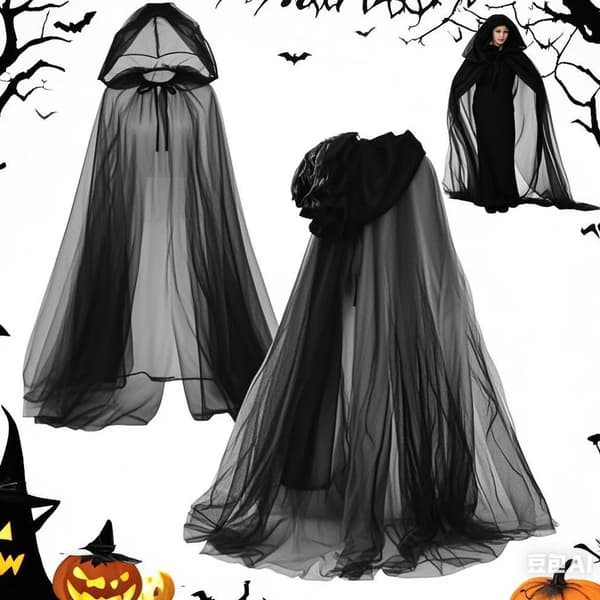 Halloween cosplay spøgelse cosplay hætte død heks mesh lang kappe bold performance kostume 1.5M (Sort) A