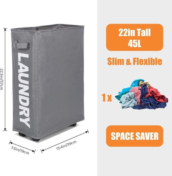 【BQ】Rolling Slim Laundry Basket with Lid, Foldable Clothes Storage with Wheels for Home and Corner Grey Grå 39x19x57cm