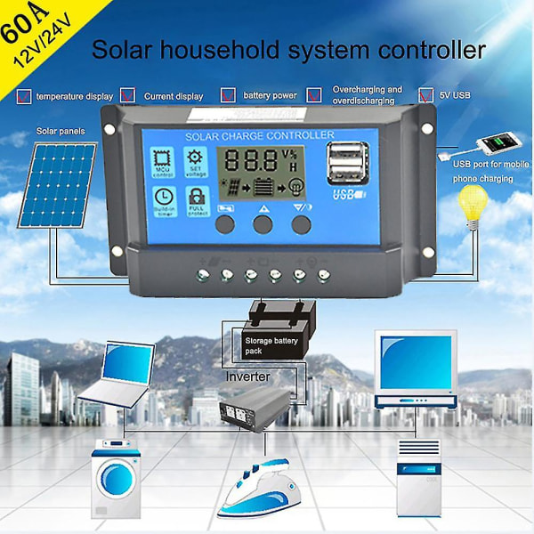 Solpanelregulator Opladningscontroller USB 60A 12V-24V med Dobbelt USB-lader Blue