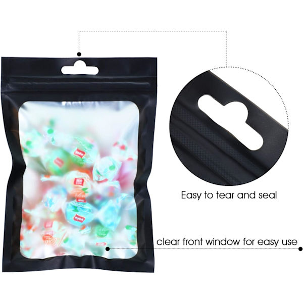 100 Mylar gjenlukkbare ziplock matposer med klart vindu (svart, 3 x 4,7 tommer)