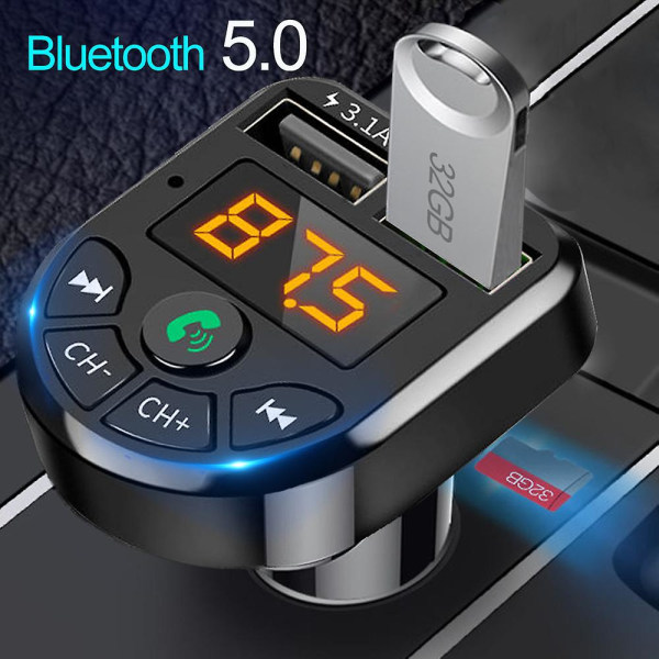 Bluetooth-yhteensopiva 5.0 Fm-lähetin autosarja Mp3-modulaattorisoitin Langaton handsfree-äänivastaanotin Dual USB -pikalaturi Black